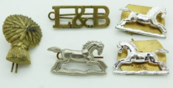Five British Army Lothians & Border and 3rd King's Own Hussars metal badges including a pair of