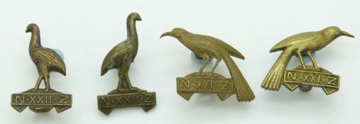Four New Zealand Army WWI 22nd Reinforcements metal badges in two pairs