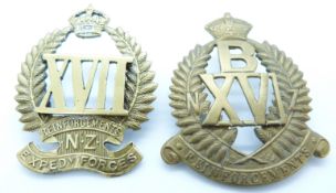 New Zealand Army WWI 17th and 16th B Company Reinforcements metal hat badges