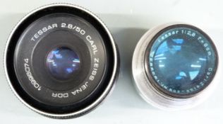 Two Carl Zeiss Jena Tessar lenses comprising 1:2.8 f=8cm and 2.8/50