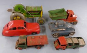 Six tinplate toys comprising Mettoy Playthings tractor, Chad Valley Harbourne car, two Tri-ang Minic