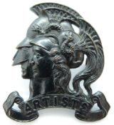 British Army 28th County of London Battalion Artists Rifles early pattern blackened brass cap badge
