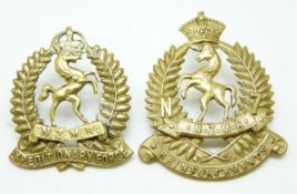 New Zealand Army WWI New Zealand Mounted Rifles Reinforcements brass hat badge, together with a