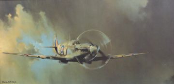Barrie Clarke framed print of a Spitfire, 49 x 100cm