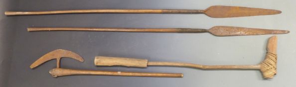 Two African spears, one with woven wire grip, a similar axe and a mallet or similar, length of