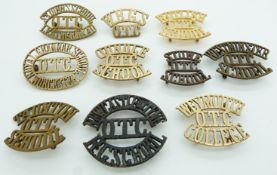 Ten schools/college Westminster, Rutlish, Stowe, Oundle, Taunton etc metal shoulder titles