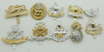 Ten British Army Infantry anodised cap badges including York and Lancaster Regiment, North Staffs