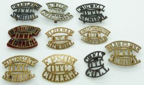 Ten schools/college Eton, Cheltenham, Bloxham, Beaumont, Dean Close etc metal shoulder titles