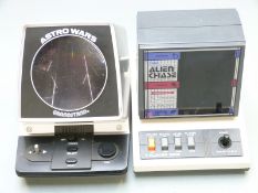 Two retro tabletop mini arcade games Grandstand Astro Wars and Tomy Alien double faced flip screen