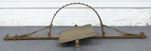 Late 18thC iron man trap with double sprung mechanism, semi circular trap with protruding metal