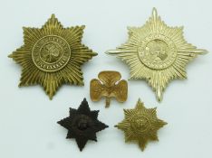 Five British Army Irish Guards various metal hat badges etc