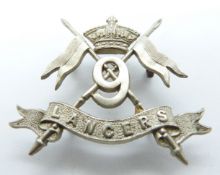 British Army 9th Lancers Victorian white metal cap badge