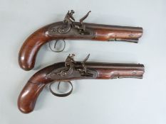 Pair of Muley of Dublin Irish flintlock coat pistols with named locks, French style hammers, horn