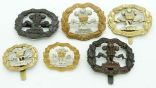 Six British Army South Lancashire Regiment metal badges including a gilt example