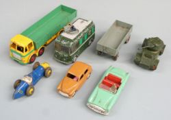 Six Dinky Toys diecast model vehicles comprising Parkland Convertible with green body, red hubs