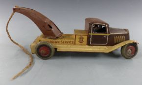 Wells of London clockwork tinplate Breakdown Service lorry with brown cab and jib, cream chassis and