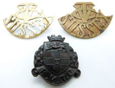 Three British Army Rochester and Sussex Volunteer Training Corps metal badges