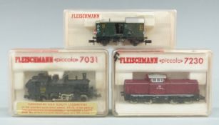 Three Fleischmann N gauge model railway locomotives 7230, 7031 and 8301, all in original boxes.