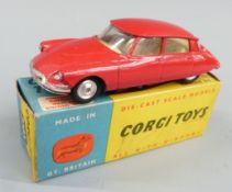 Corgi Toys diecast model Citroen D.S.19 with red body, 210S, in original box.