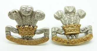 British Army Pembrokeshire Yeomanry pair of officer's silver and gilt collar badges