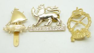 Three cap badges for the Papua New Guinea Volunteers, Royal Tasmanian Regiment and the Gilbert