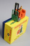 Dinky Toys diecast model Coventry Climax Fork Lift Truck with orange body, black boom, green forks