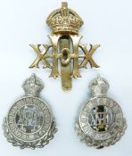 Three British Army 18th Hussars and 20th Hussars metal cap badges
