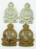 Four British Army Surrey Yeomanry Queen Mary's Regiment metal collar badges