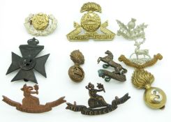 Ten British Army Infantry Regiments metal badges including Lancashire Fusiliers, Royal Scots,