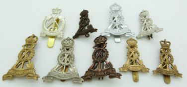 Nine British Army Labour Corps metal badges including a Pioneer Corps example, one by Firmin London