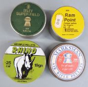Four tins of .25 air rifle/ pistol pellets Bisley Super Field, Rhino, Ram Point and Marksman.