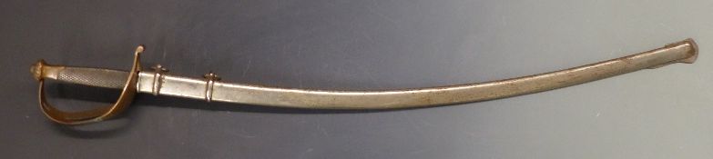 19thC sword with curved engraved 73cm blade, chequered grip and copper guard, with scabbard