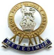British Army 15th/19th Hussars officer's metal and enamel cap badge