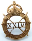 British Army 24th Lancers officer's gilt cap badge