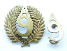 Two New Zealand Army 9th Reinforcements A Company metal hat and collar badge