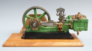 Stuart Turner No 9 live steam horizontal stationary engine with fly ball governor, on wooden display