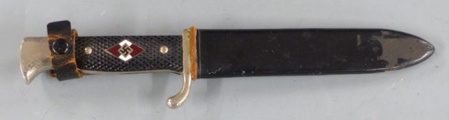 Nazi German Hitler Youth dagger with inset enamel badge to handle, 'Blat und Ehre' motto and RZM