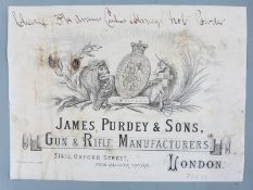 James Purdey & Sons paper gun case label 'James Purdey & Sons Gun & Rifle Manufacturers 314 ½ Oxford