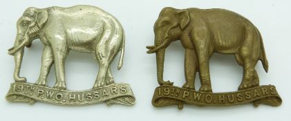 Two British Army 19th Princess of Wales' Own Hussars metal badges