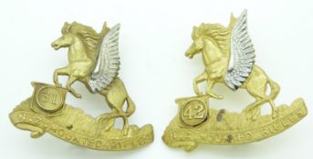 Two New Zealand Army WWI 31st and 42nd Mounted Rifles Reinforcements metal hat badges