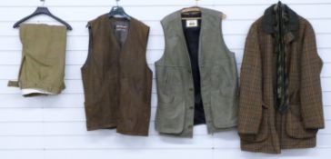 A gentleman's tweed field jacket by P&J Haggarty Ltd, approximate size XXL, a pair of tweed breeks