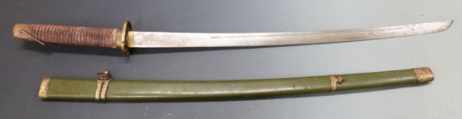 Japanese Shin Gunto sword with etched signed blade and a Japanese flag, with brass fittings, overall