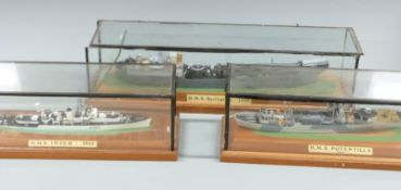 Three waterline model ships HMS Potentilla, HMS Springtide and HMS Inver, largest 37cm long, all