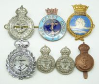 Six Royal Navy metal badges including Admiralty Constabulary, Motor Boat Reserve and Auxiliary