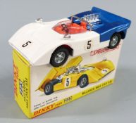 Dinky Toys diecast model McLaren M8A Can Am with Speedwheels, white body, blue engine cover, red