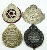 Three Commonwealth Trinidad Police metal hat badges together with a Department of Marketing and