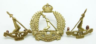 New Zealand Army 16th Waikato Regiment other ranks cap and collar metal badges