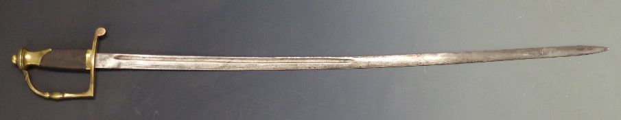 19thC sword with curved engraved 83cm blade, brass guard and chequered grip