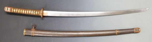 Japanese WWII Shin Gunto Army Katana iron saya, dated 1943 and stamped W/M, overall length 99cm