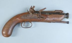 Flintlock hammer action blunderbuss pistol with folding bayonet, engraved lock hammer and trigger